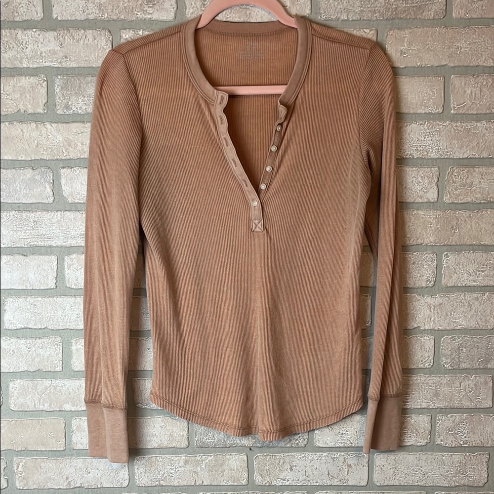 Aerie Tan Ribbed Henley Top